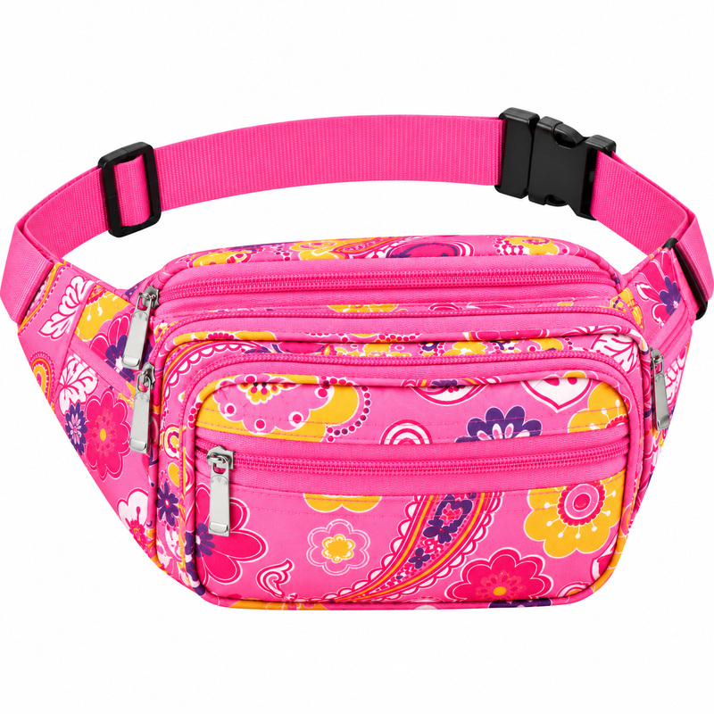 8056 Baby Pink Floral Bright Colored Multizip Bumbag (New) (image for) 8056 Baby Pink Floral Bright Colored Multizip Bumbag (New)